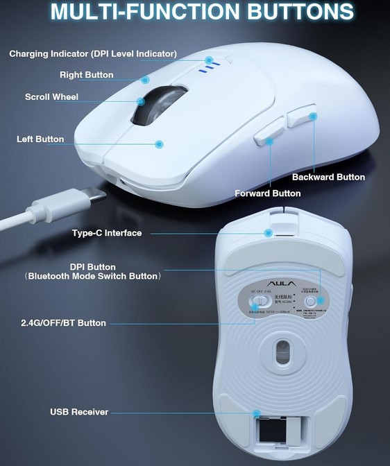 Aula SC580 Wireless Mouse Ergonomic Gaming Adjustable DPI White