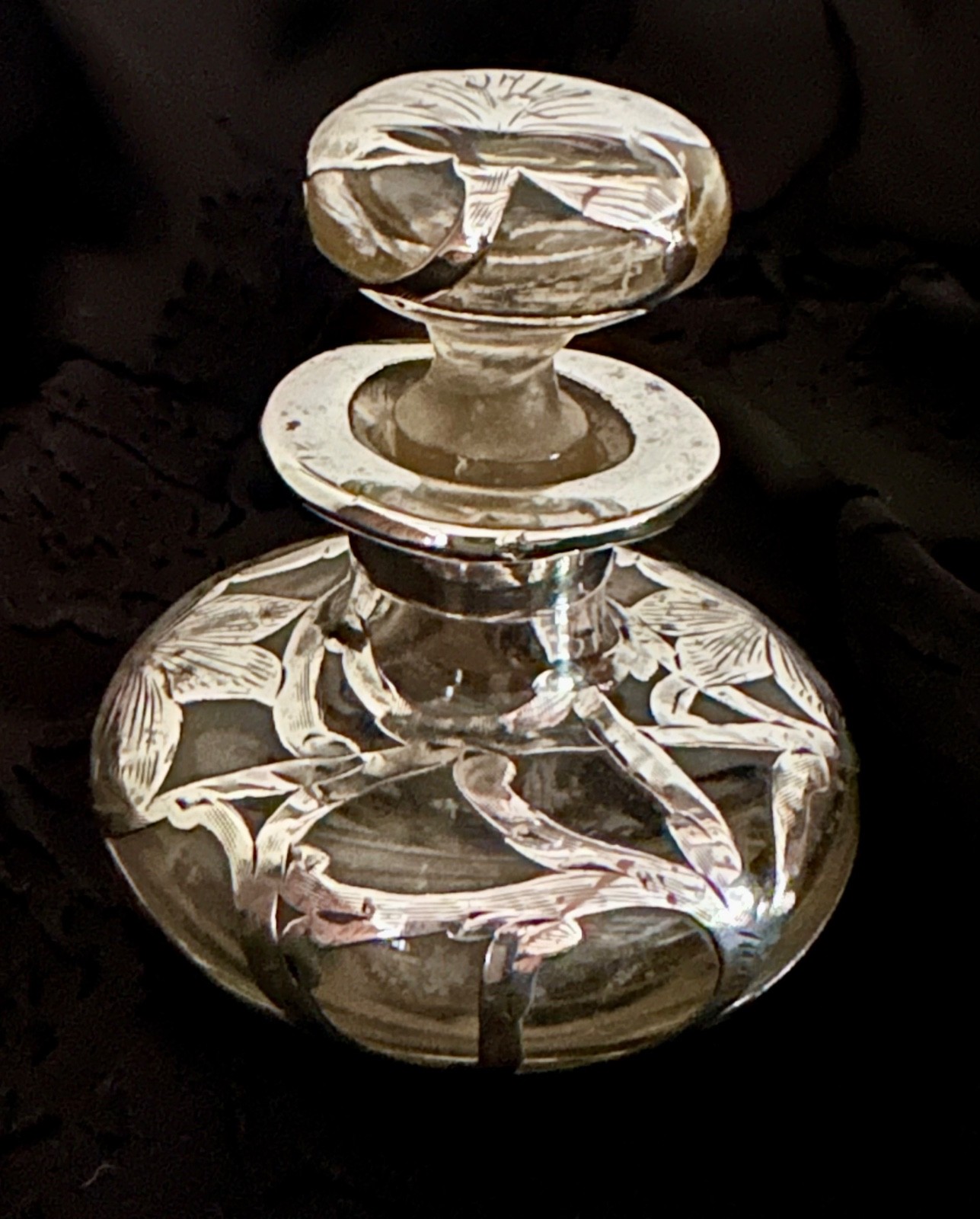 Antique Art Nouveau Sterling Silver Overlay Clear Glass Scent/Perfume Bottle