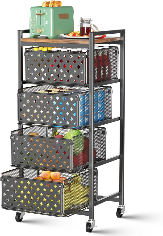 5 Tier Kitchen Storage Cart with Wheels, Utility Fruit Vegetable Storage Rack St