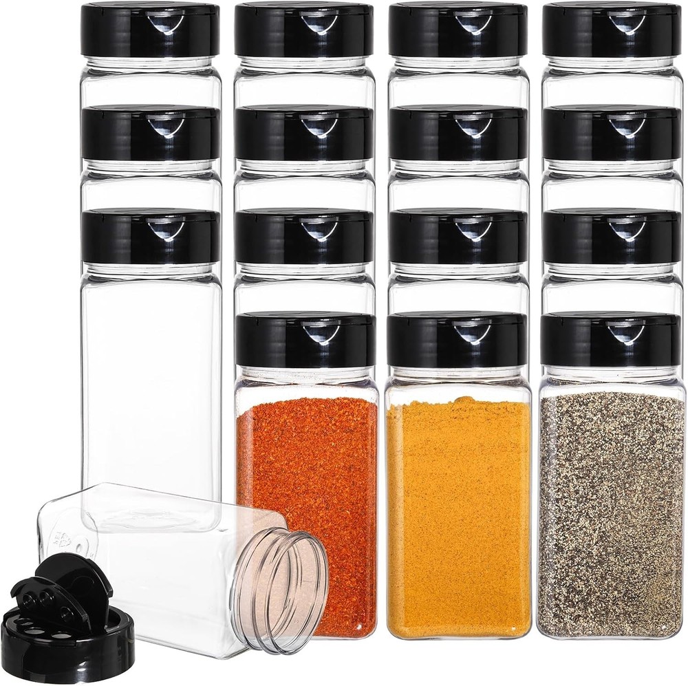 16 Pack 9 oz Plastic Spice Jars with Black Cap, Plastic Spice Bottles Empty S...