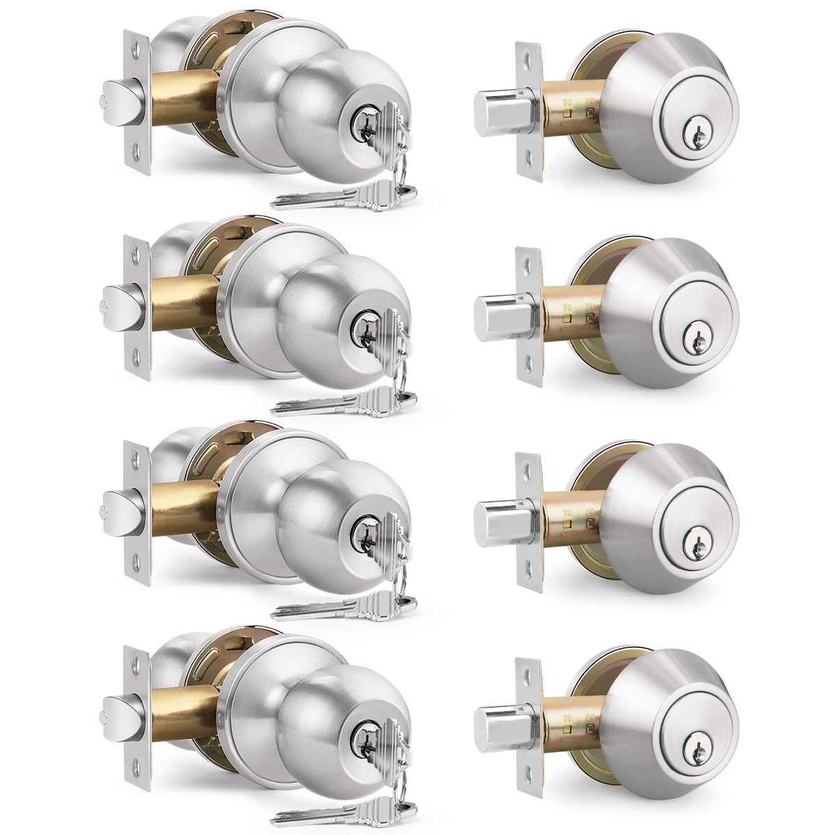 4 Pack Entry Knob & Deadbolt Set, Satin Nickel, Keyed Alike, Exterior
