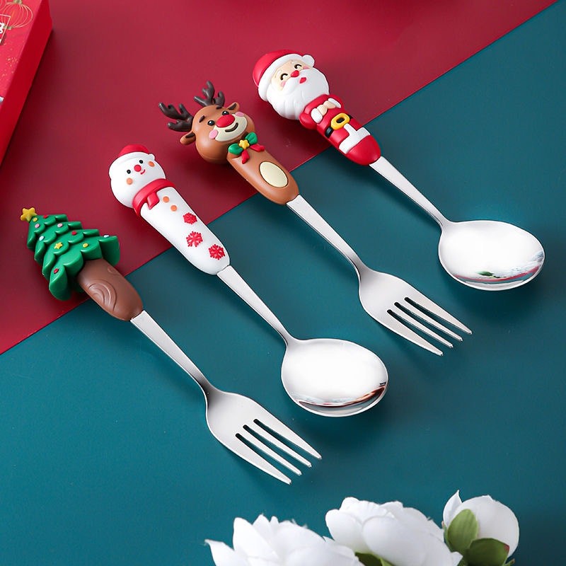 Cartoon Christmas Spoon & Fruit Fork Set - Christmas Gift / New Year Gift