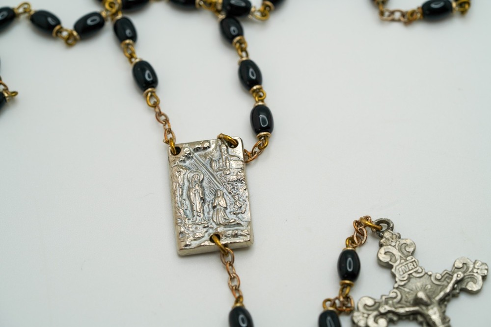Vintage 30" Missing Relic Black Bead Silver Rosary 30" JB39