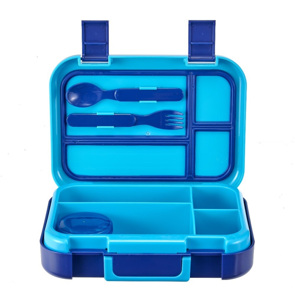 Plastic Bento Box with 4 Compartments, Fork, Spoon, 1 Dressing Container, Blue