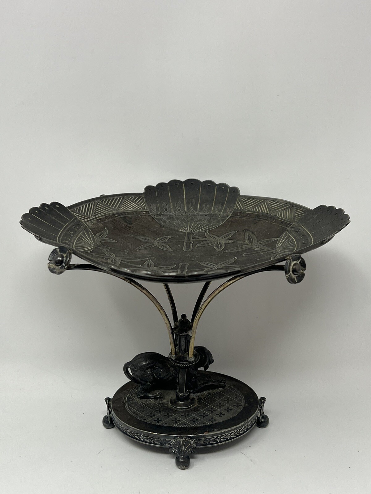 Antique Dog Figural Calling Card ? Silver Plate Tray Stand Simpson Hall Miller