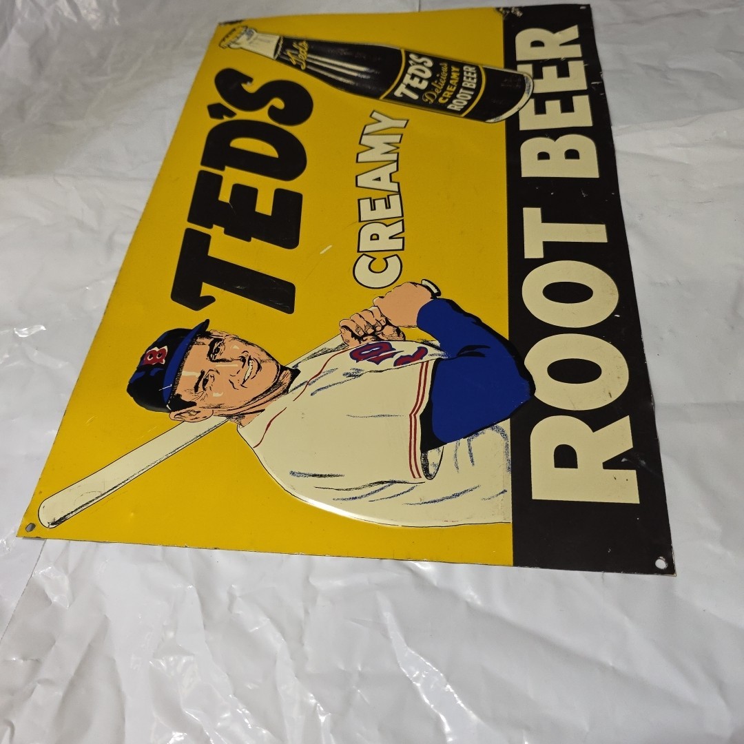 VTG TED WILLIAMS Ted's Delicious Creamy ROOT BEER SIGN 10in. x 15in. Green Back