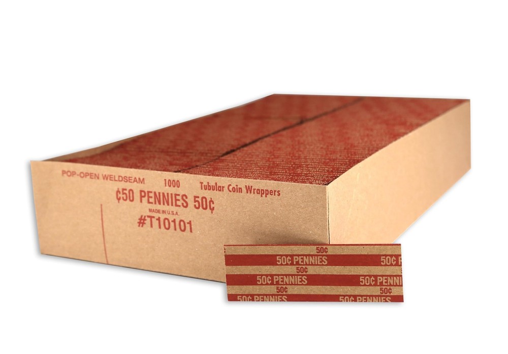 Flat Coin Wrapper, Penny Rolls $.50 Cent Red (1,000 pcs)