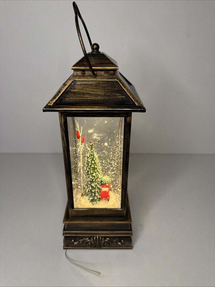 Christmas Snow Globe Automatic Flow Cardinal And Studebaker Lit Lantern 11"