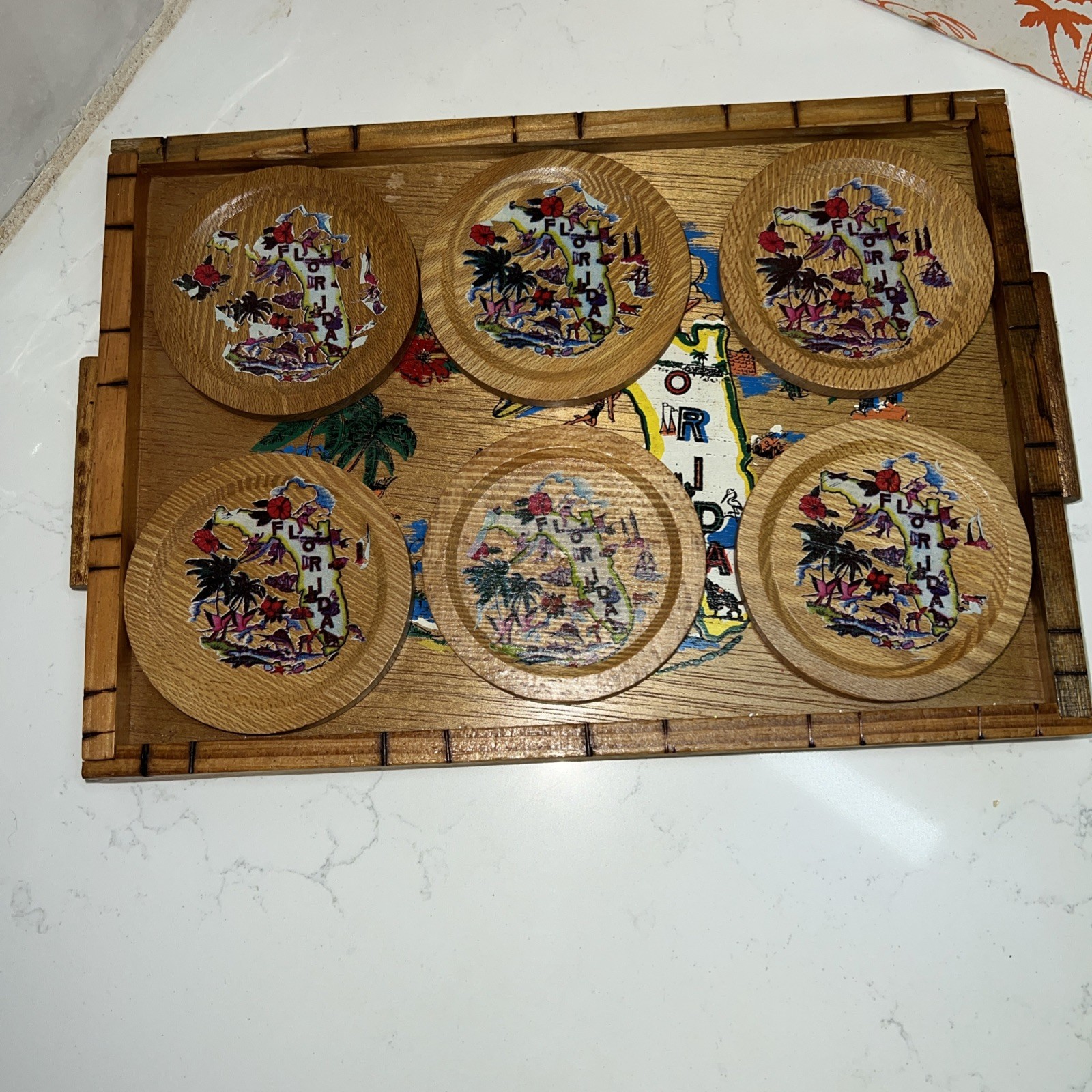Vtg 6 Wooden Coaster & Serving Tray Set Souvenir Florida Painted Wood In Boz