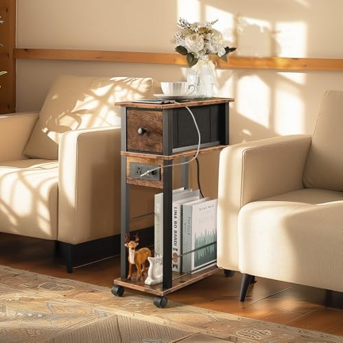 Side Table with Charging Station and Drawer, Narrow End Table 1 PC Rustic Brown