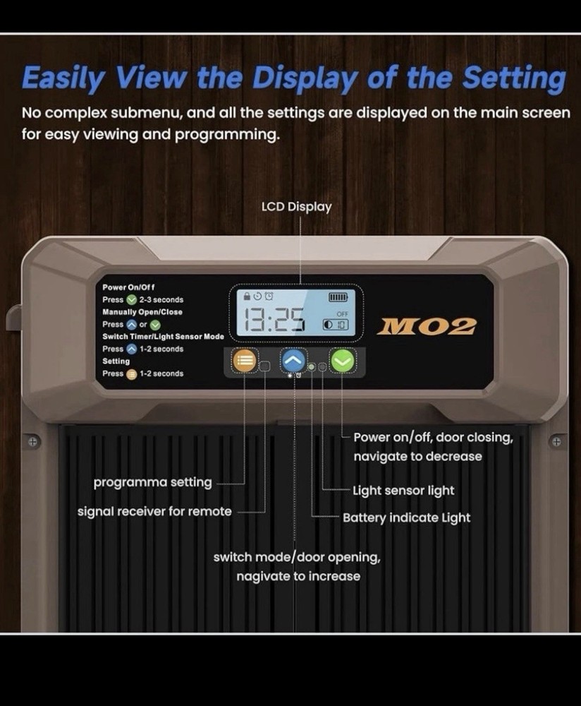 MO2 Automatic Chicken Coop Door Solar Remote Control Waterproof Light Sensor