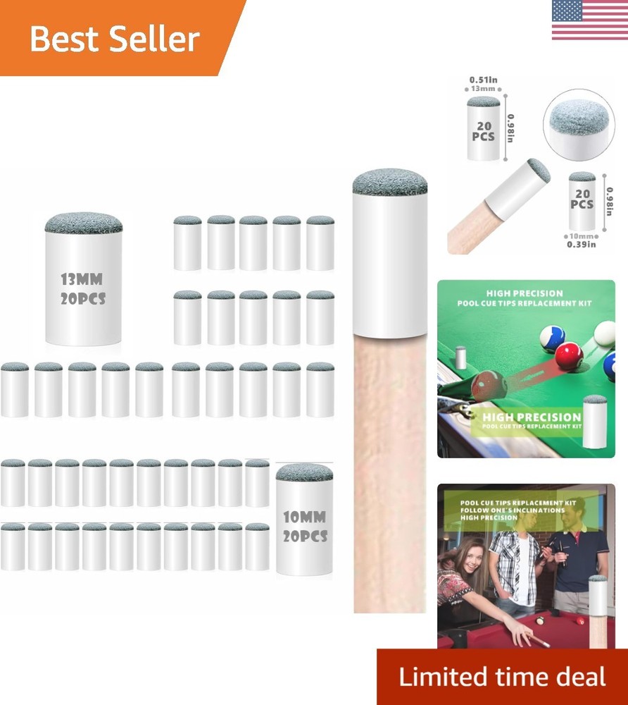 Textured Replacement Pool Stick Tips - 40pcs  Leather, 10mm & 13mm