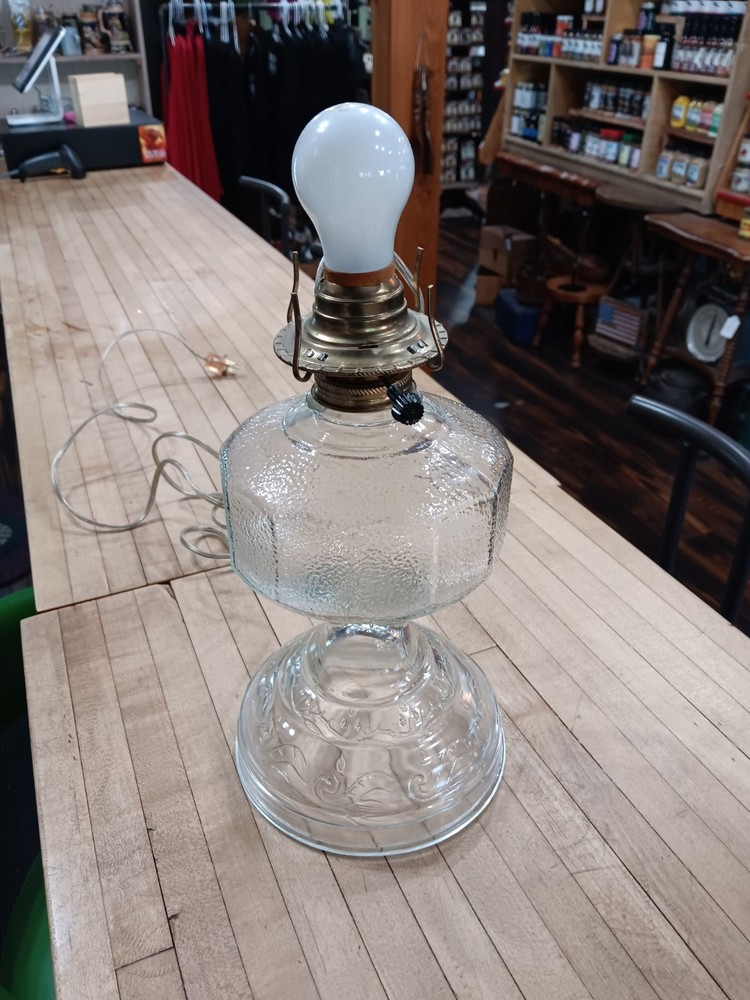 Electrified Glass Oil Lamp Table Lamp, Clear Pressed Scroll Base