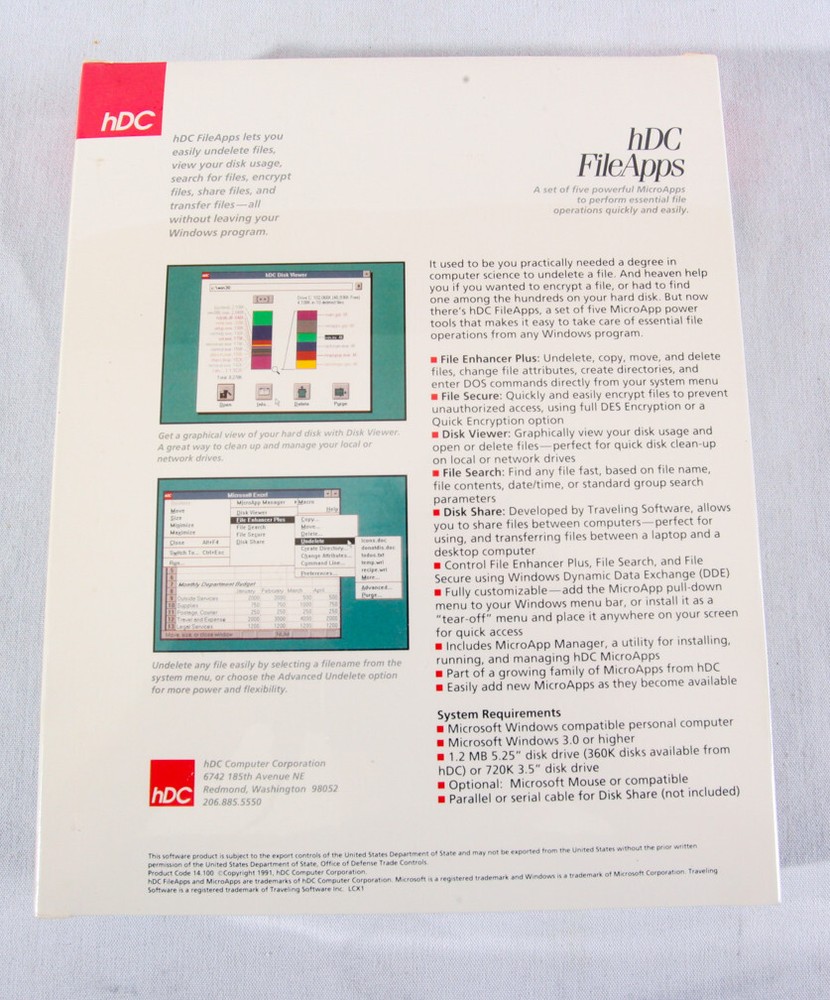 hDC FileApps for Windows, Fine Enhancer Plus, Disk Viewer +, 1991, Sealed