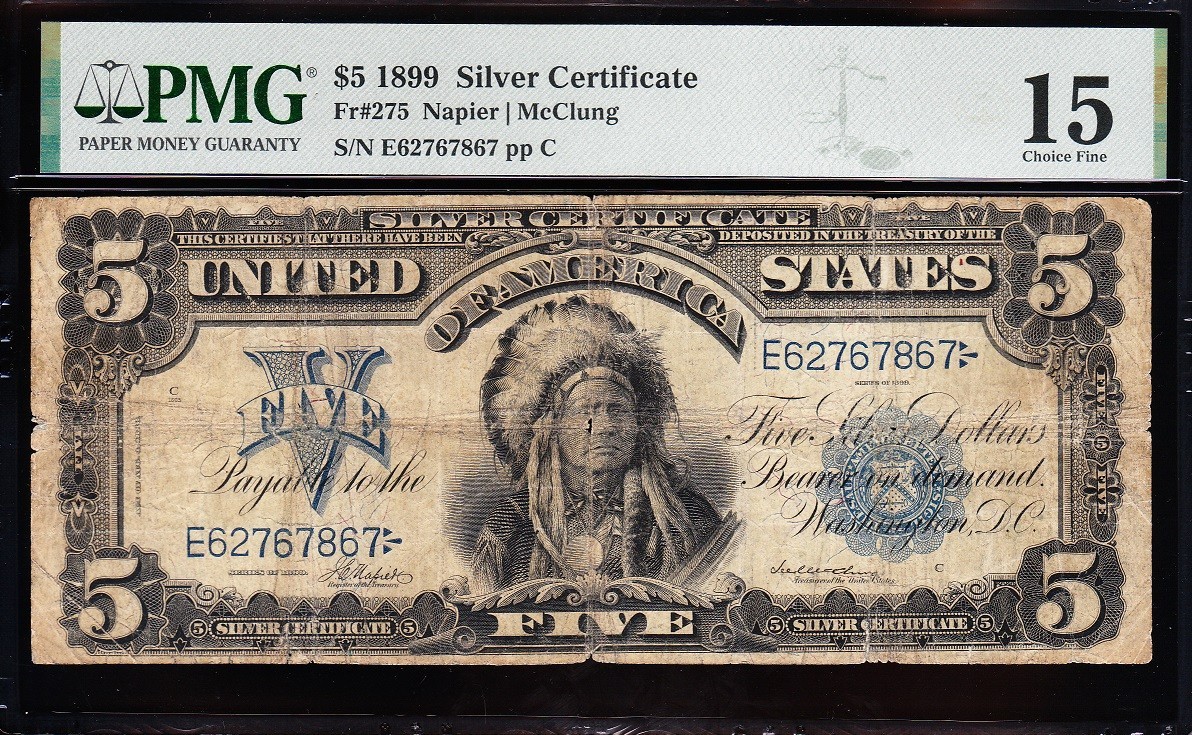 NICE Choice Fine+ 1899 $5 "INDIAN CHIEF" Silver Certificate PMG 15! FREE SHIP!