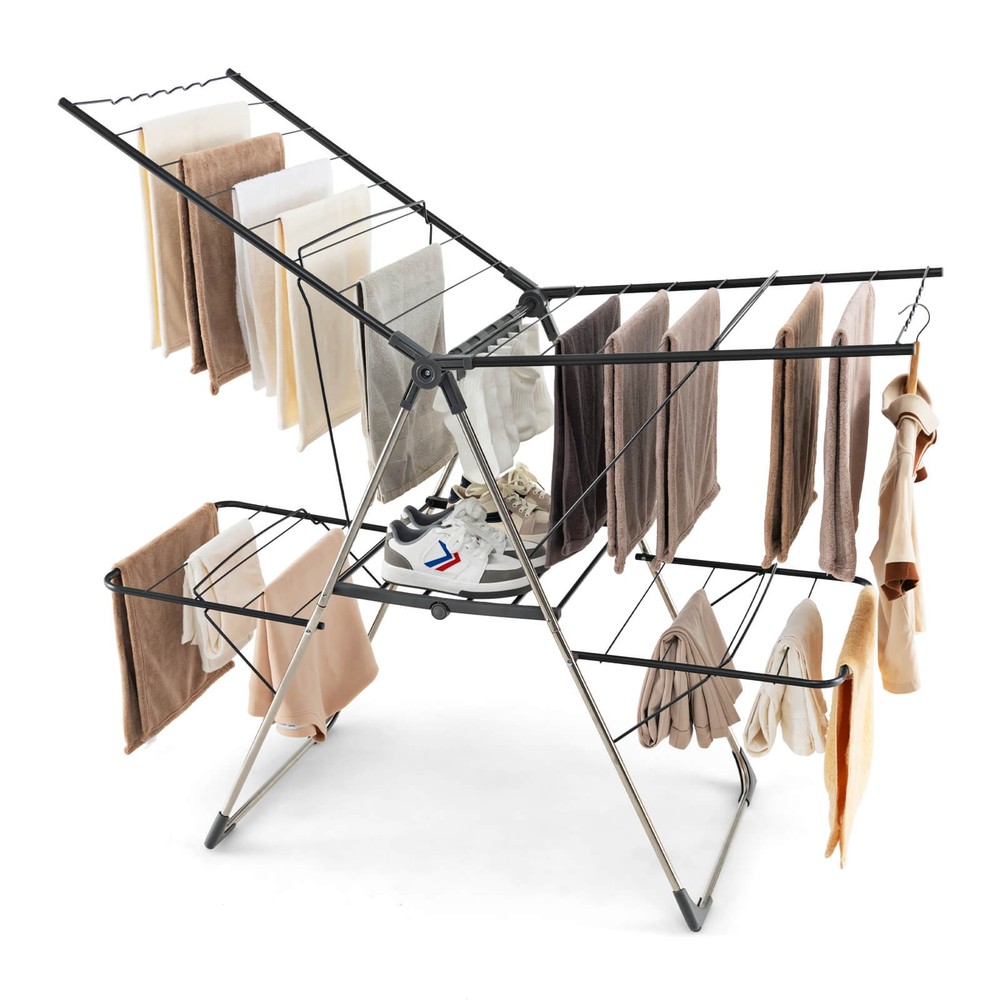 2-Tier Clothes Drying Rack with 33 Drying Rails Height Adjustable Gullwings