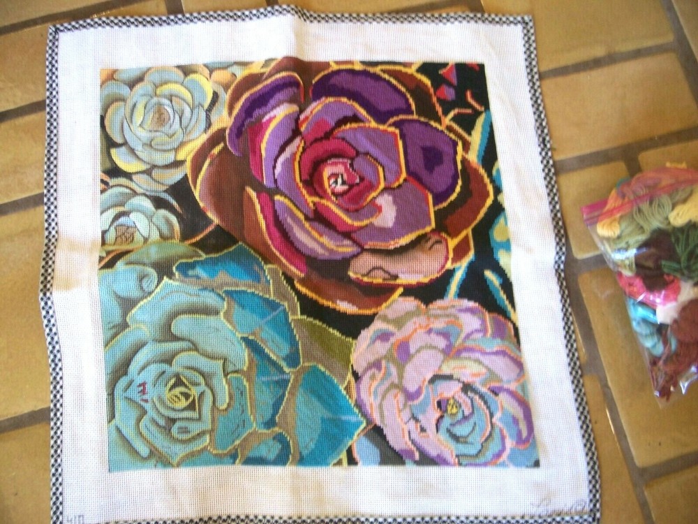 LANI #410 NEEDLEPOINT CANVAS SUCCULENT COLLAGE 16" SQ  75% COMPLETED