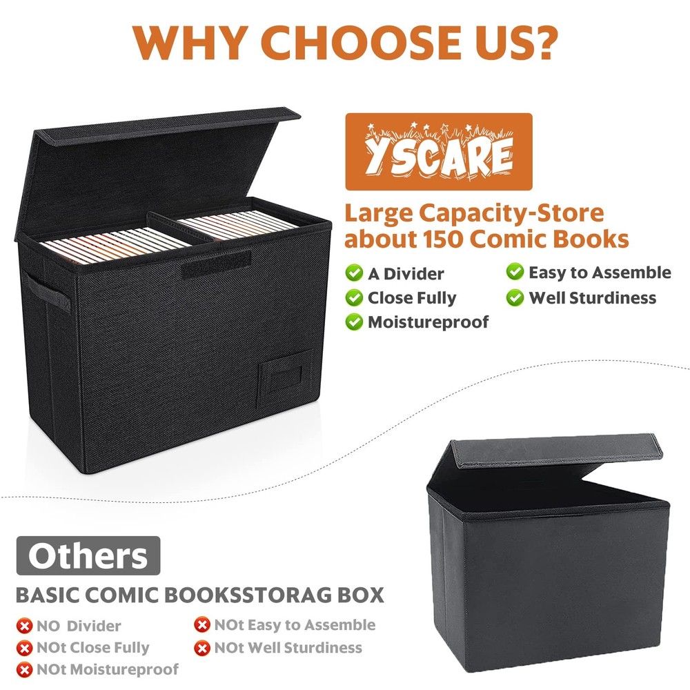 YSCare 2-Pack Comic Book Storage Boxes, Collapsible Comics 2 Pack, Black