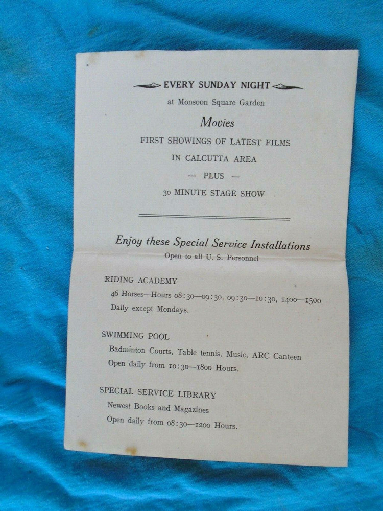 WWII US forces India, Monsoon Square Gardens, Calcutta, play program