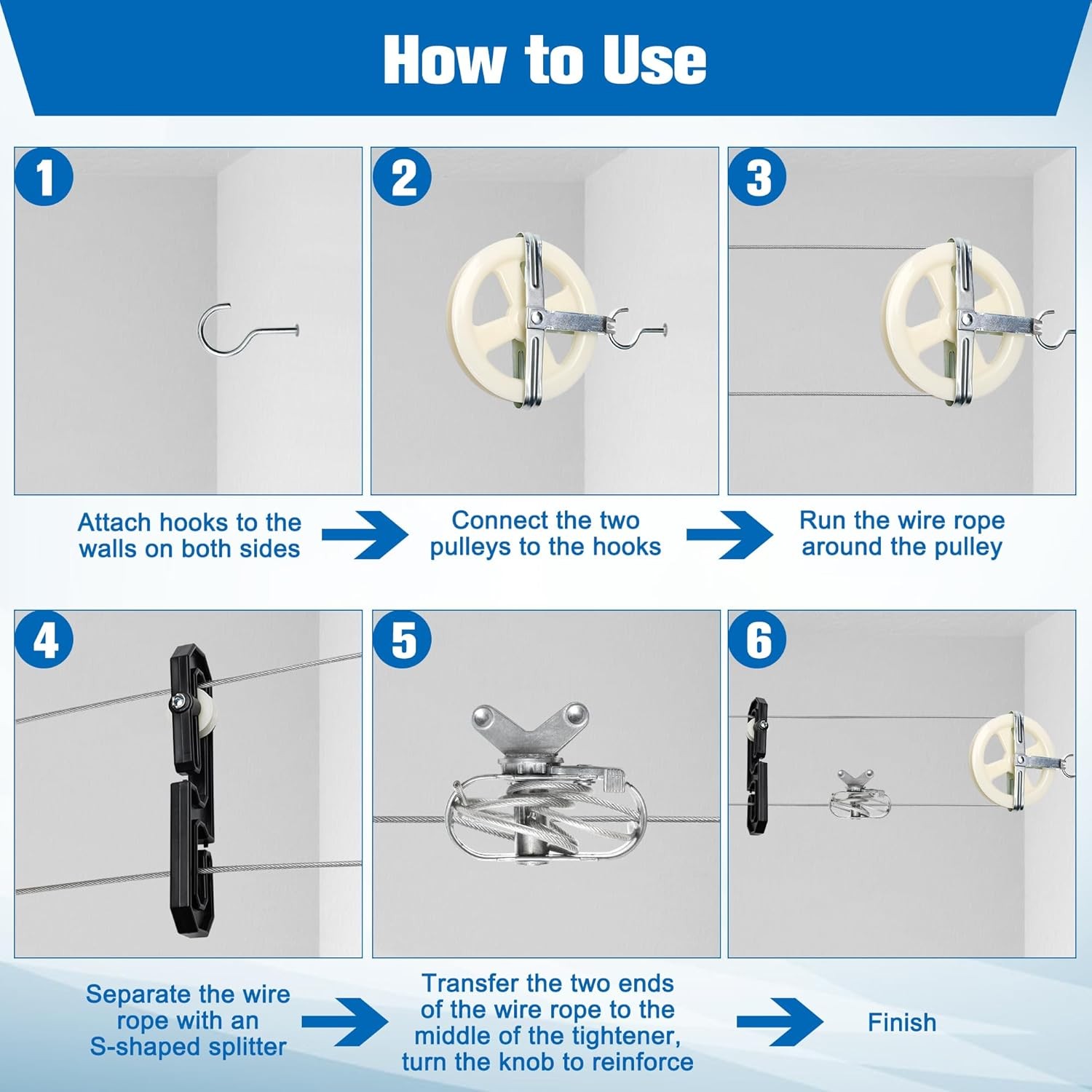 Clothesline Pulley Kit Outdoors 150.9FT PVC Wire Rope 5" Pulleys Tightener Hooks