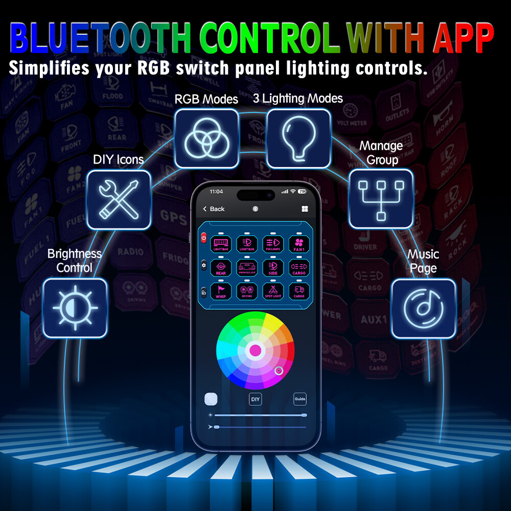 12 Gang RGB Switch Panel bluetooth Remote Control LED ON/OFF For Ford