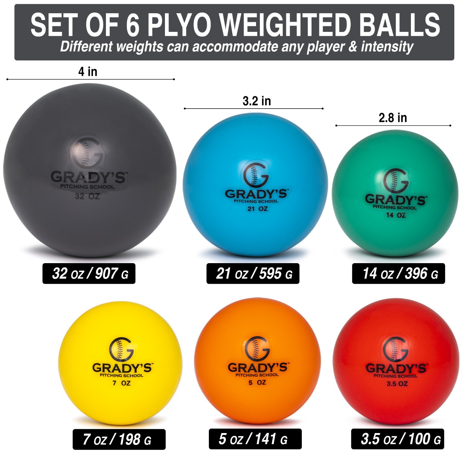Plyo Soft Shell Weighted Ball Set 32, 21, 14, 7, 5, and 3.5oz-Pitching/Throwing
