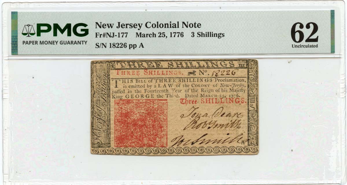 1776 March 25, 3 Shillings New Jersey Colonial Note FR#NJ-177 PMG UNC 62