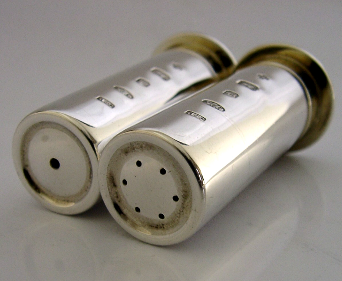 BOXED STERLING SILVER SHOOTING GUN CARTRIDGE SALT PEPPER POTS 2000 CRUET ENGLISH