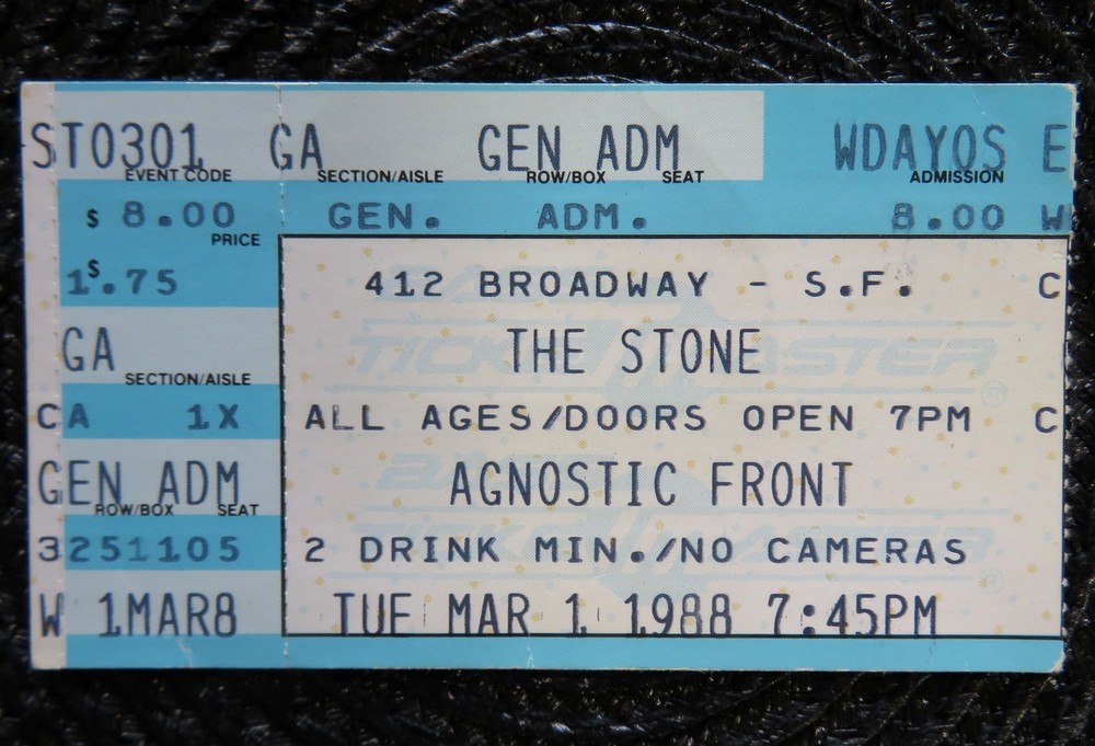 Agnostic Front Original Ticket Stub March 1 1988 The Stone San Francisco CA