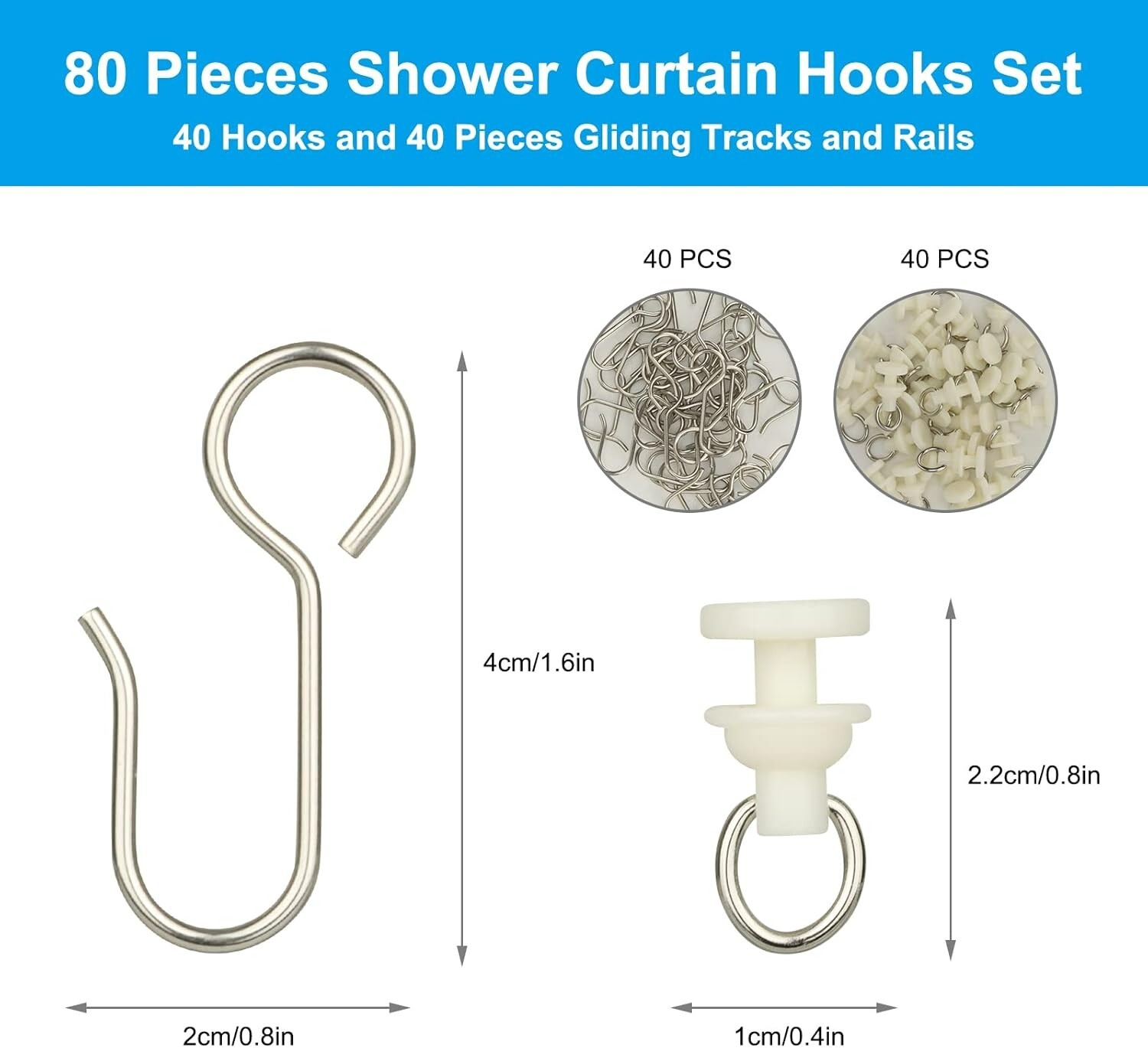 80 Pcs Curtain Hooks and Gliders Window Curtain Bathroom Shower Stainless Steel