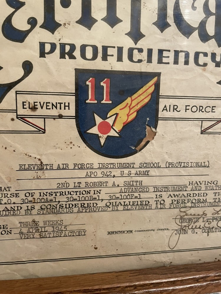 WWII 1945 11th Air Force Pilot Proficiency Certificate Instrument Course Named