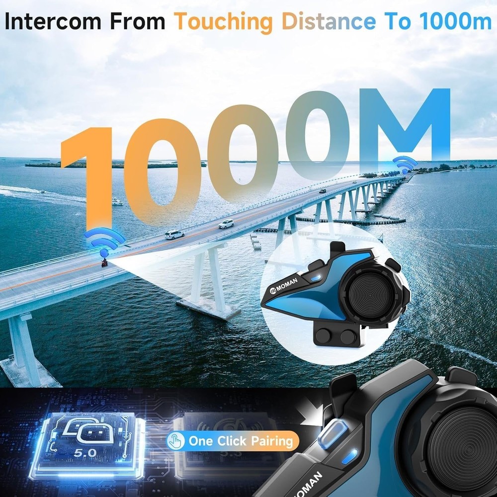 Motorcycle Intercom Headset, Moman H2E Eagle-Like Communication System with Dual