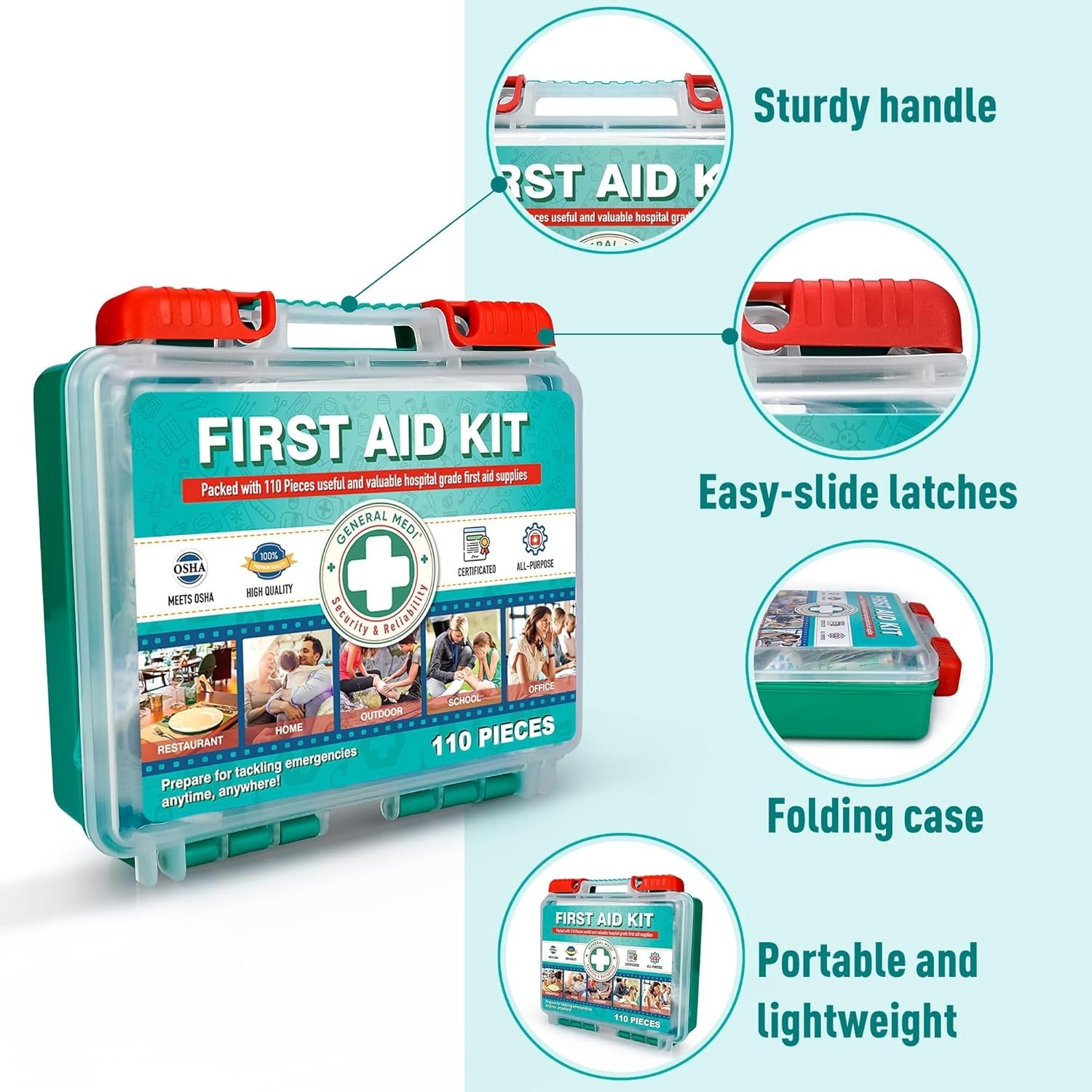 110 Pieces Small First Aid Kit - HardCase First Aid Box - Contains