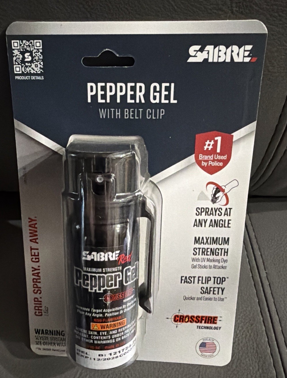SABRE CROSSFIRE PEPPER GEL W/Clip 360 Degree 18 BURSTS 18 FT UV Dye EXP 12/2028