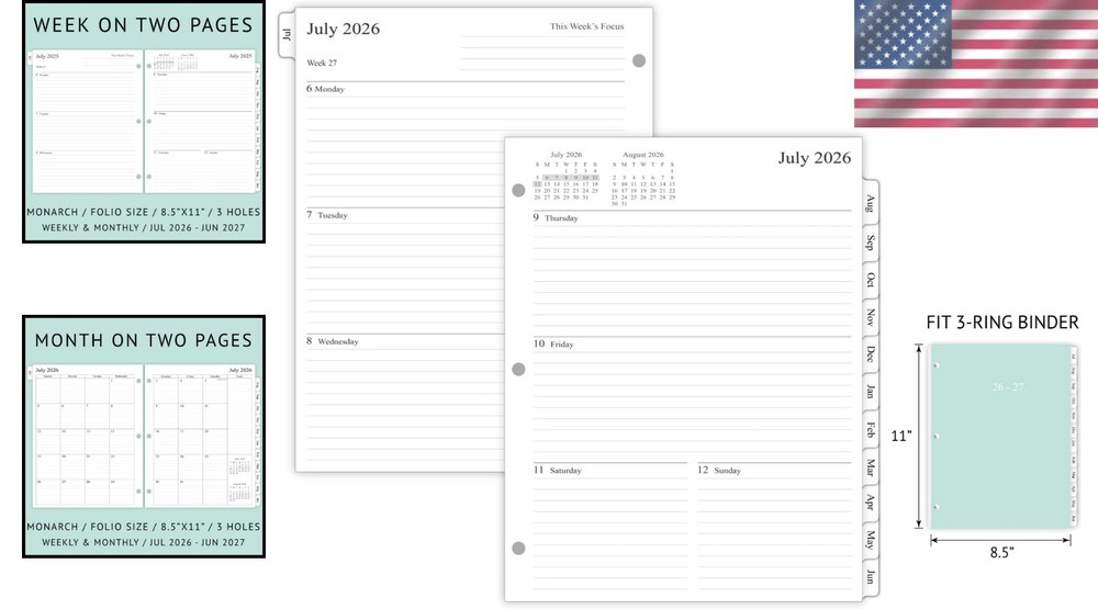 2026-2027 Weekly Planner Refills - 8.5x11 with Quick-Reference Monthly Tabs
