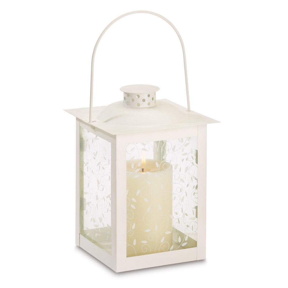 LARGE WHITE LANTERN - 8" HIGH - METAL & GLASS
