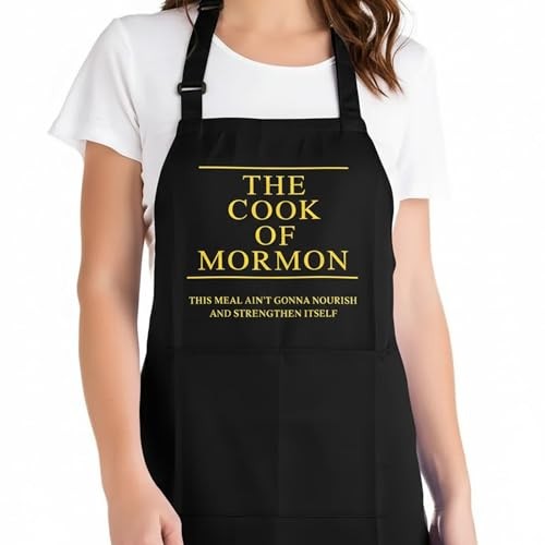 Cook of Mormon LDS Apron – Waterproof, Adjustable Neck Black With Line Pattern