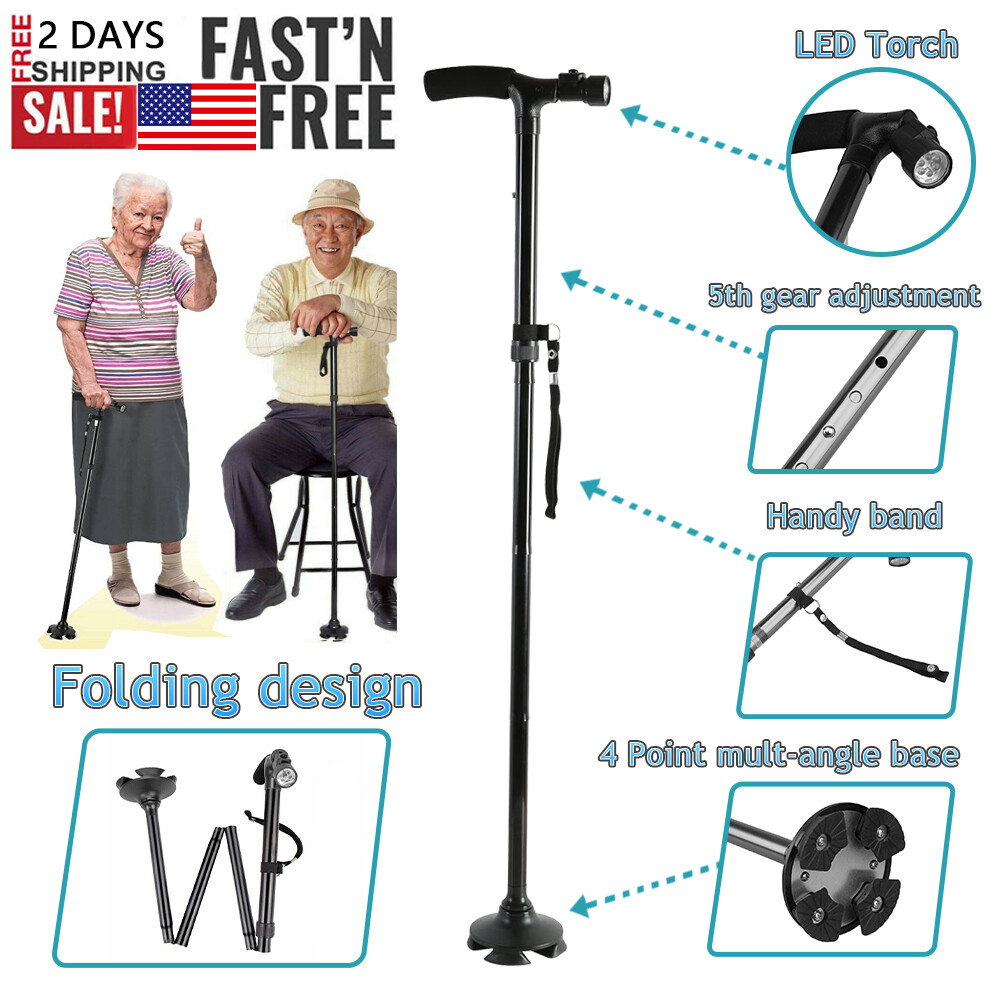 LED Folding Walking Cane for Seniors Men&Women with Non-Slip T Handle and Strap