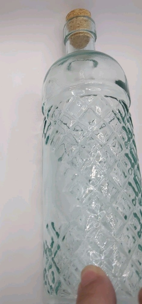VTG Old Clear Diamon Patterned Glass Bottle 10" with Blue Backlight