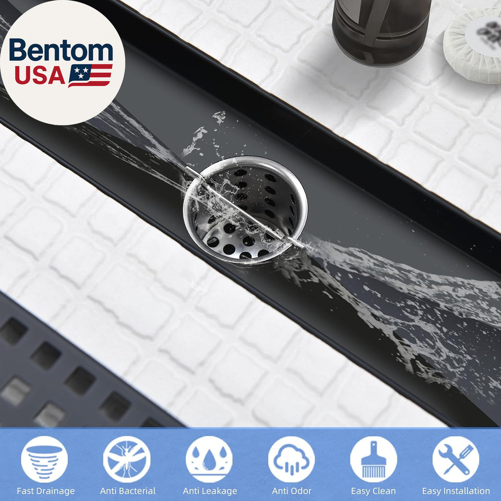 12 Inch Linear Shower Drain - Matte Black 304 Stainless Steel Rectangular Floor