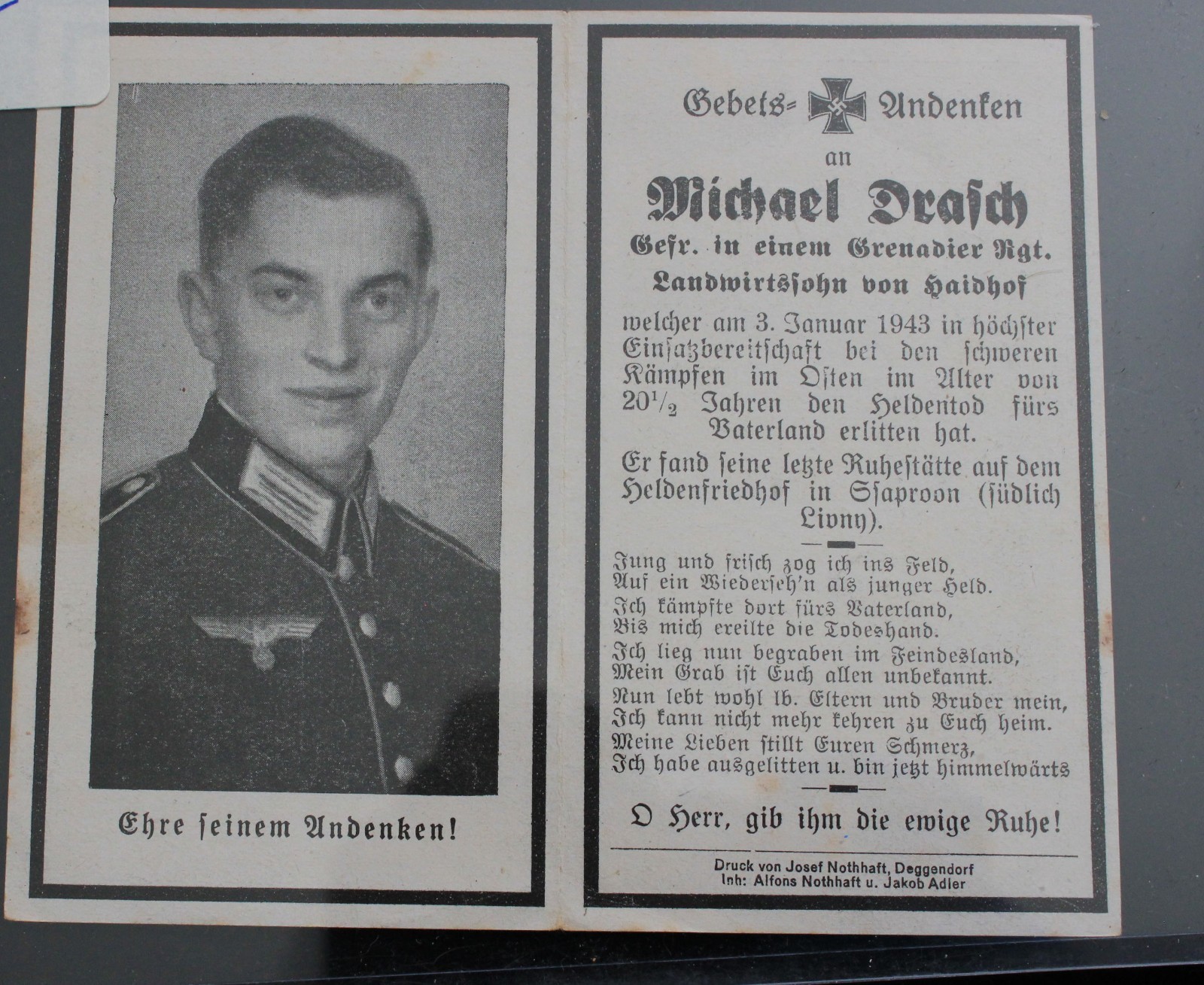 German WWII Double-Sized KIA Military Soldier Death Cards