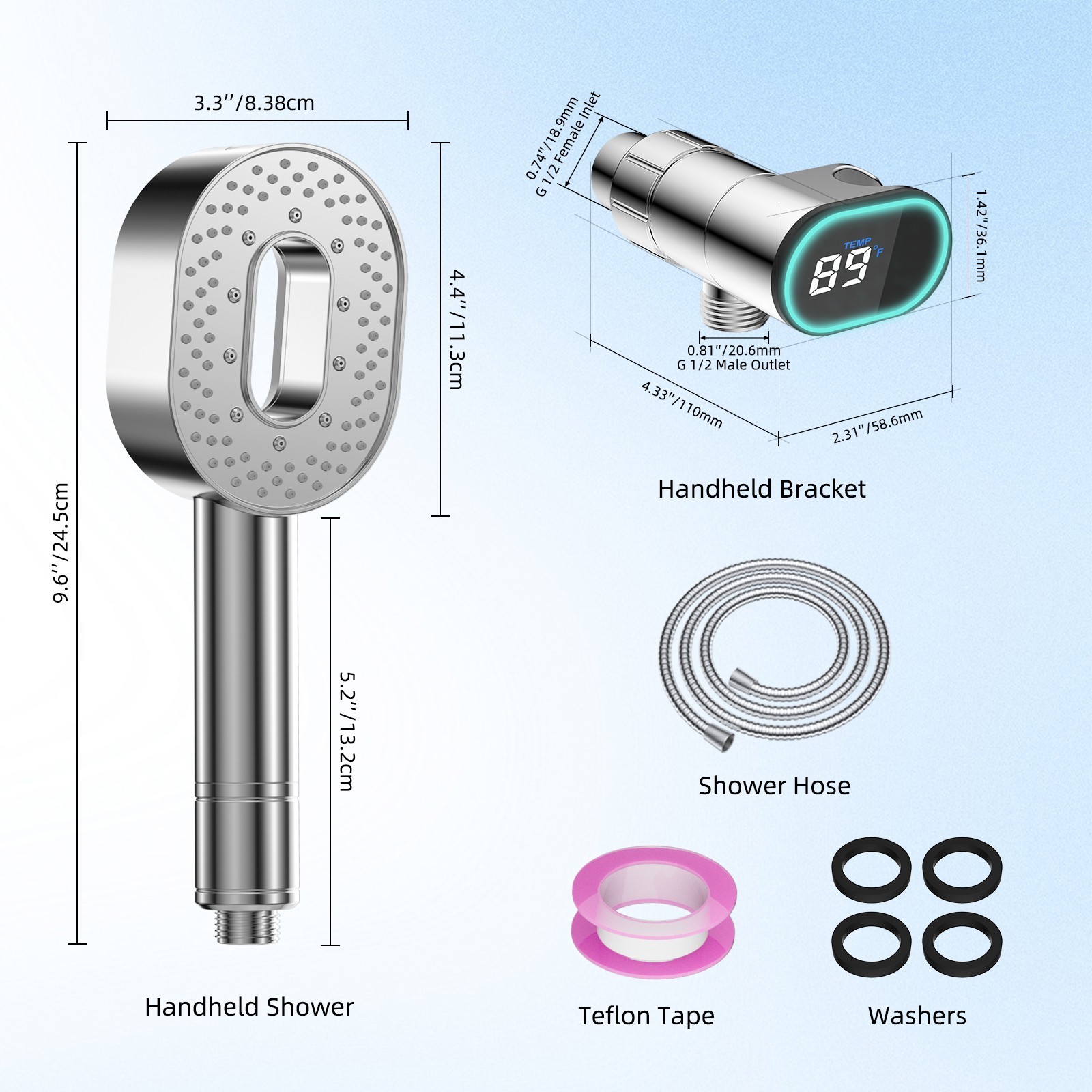 High Pressure Shower Head with handheld spray combo Filtered LED Temp Display