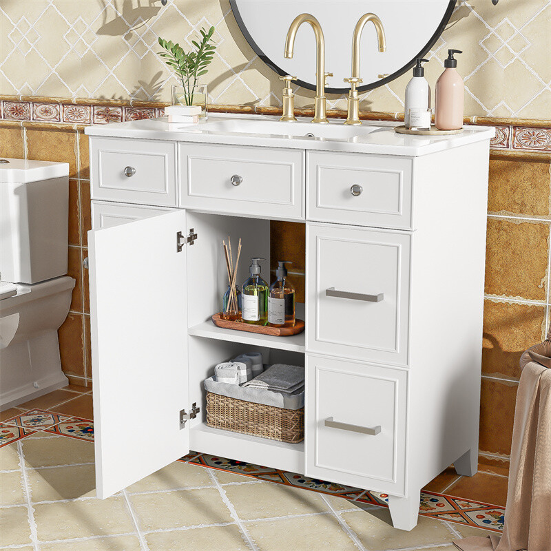 36" White Bathroom Vanity Set,Solid Wood Frame w/Ceramic Sink &Versatile Storage