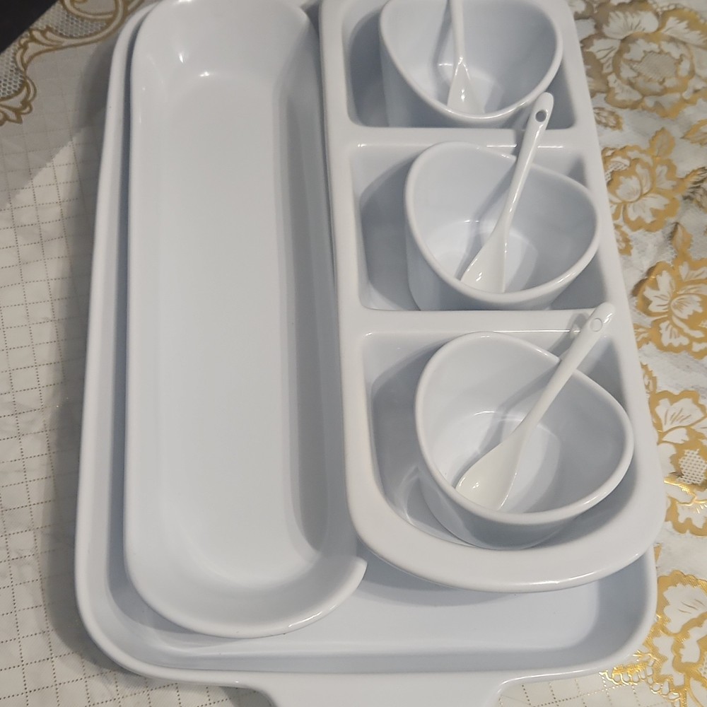 White Ceramic Multi-Section Serving Tray with 3 Bowls and Spoons, Rectangular