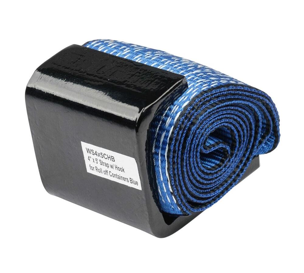 (2 Pack) 4" x 5' Roll off Container Winch Strap w/ Flat Hook - Blue