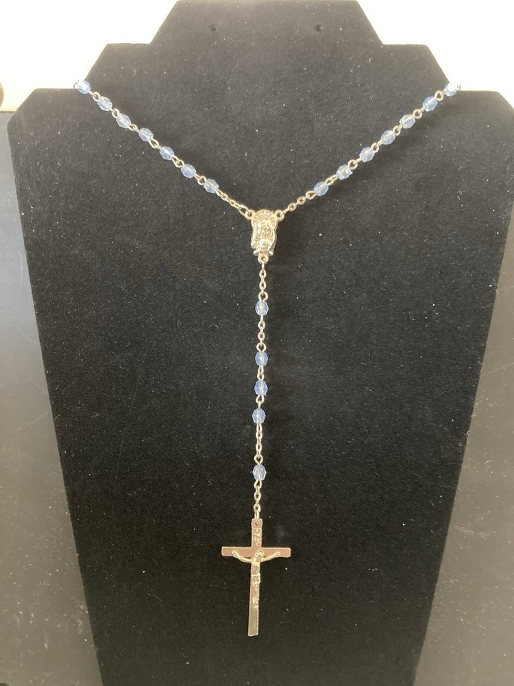 Rosary: Light Blue Beads w Silver Tone Chain 18"