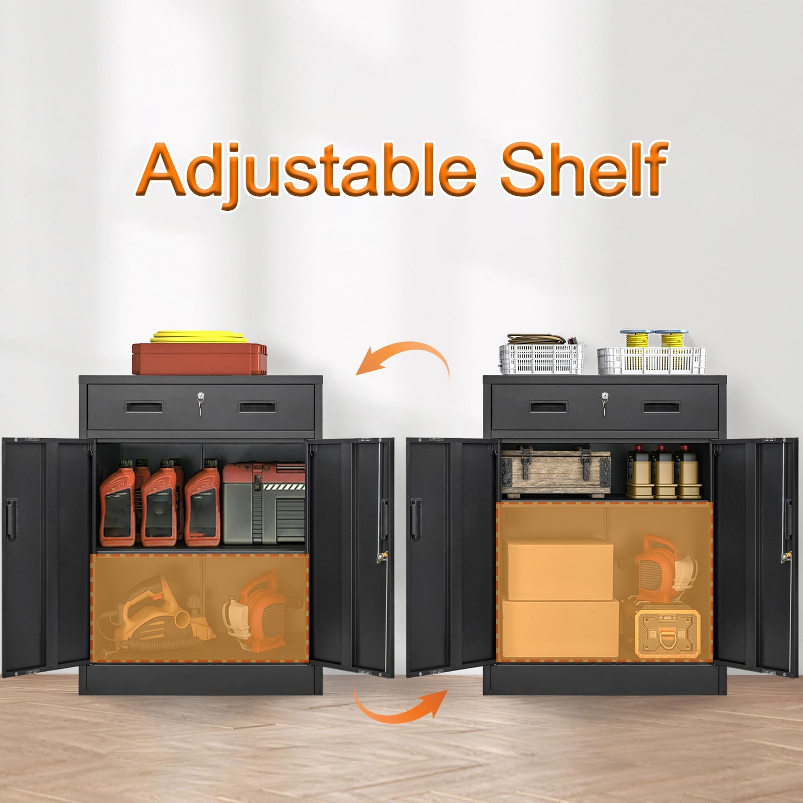 Metal Storage Cabinet, Locking Cabinet with One Drawer and Adjustable Shelf