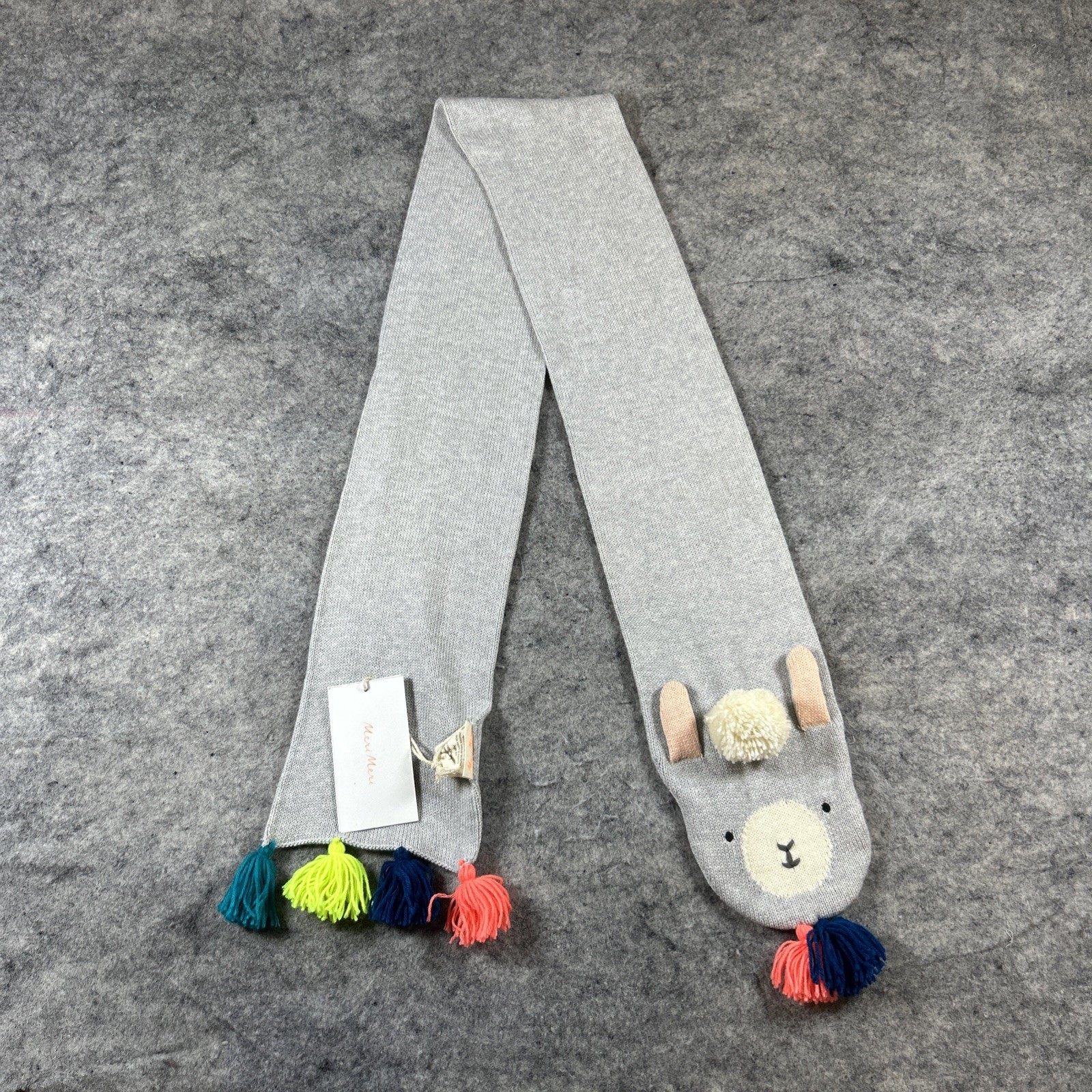 NWT Meri Meri Organic Cotton Scarf Gray Lama Bright Tassels Kids 3+ Fun Cozy
