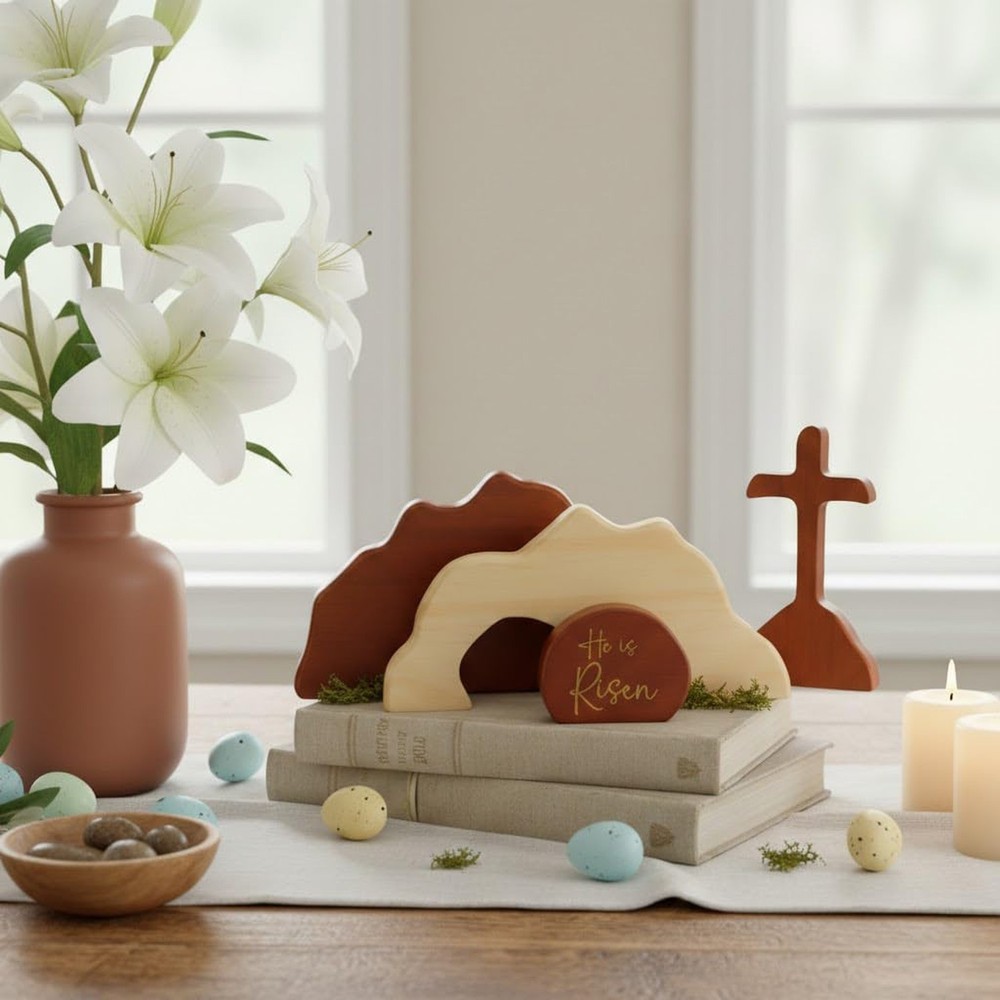 Empty Tomb Scene Spring Easter Decorations, He is Risen Natural Wood Easter D...