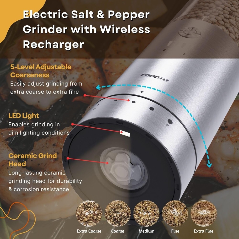 Electric Grinder with Qi-Wireless Charging Base | Kitchen Gift | Rechargeable...